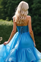 Load image into Gallery viewer, Blue A Line Strapless Tiered Long Prom Dress with Beading