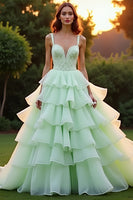 Load image into Gallery viewer, Green Ball Gown Tiered Long Prom Dress with Ruffles