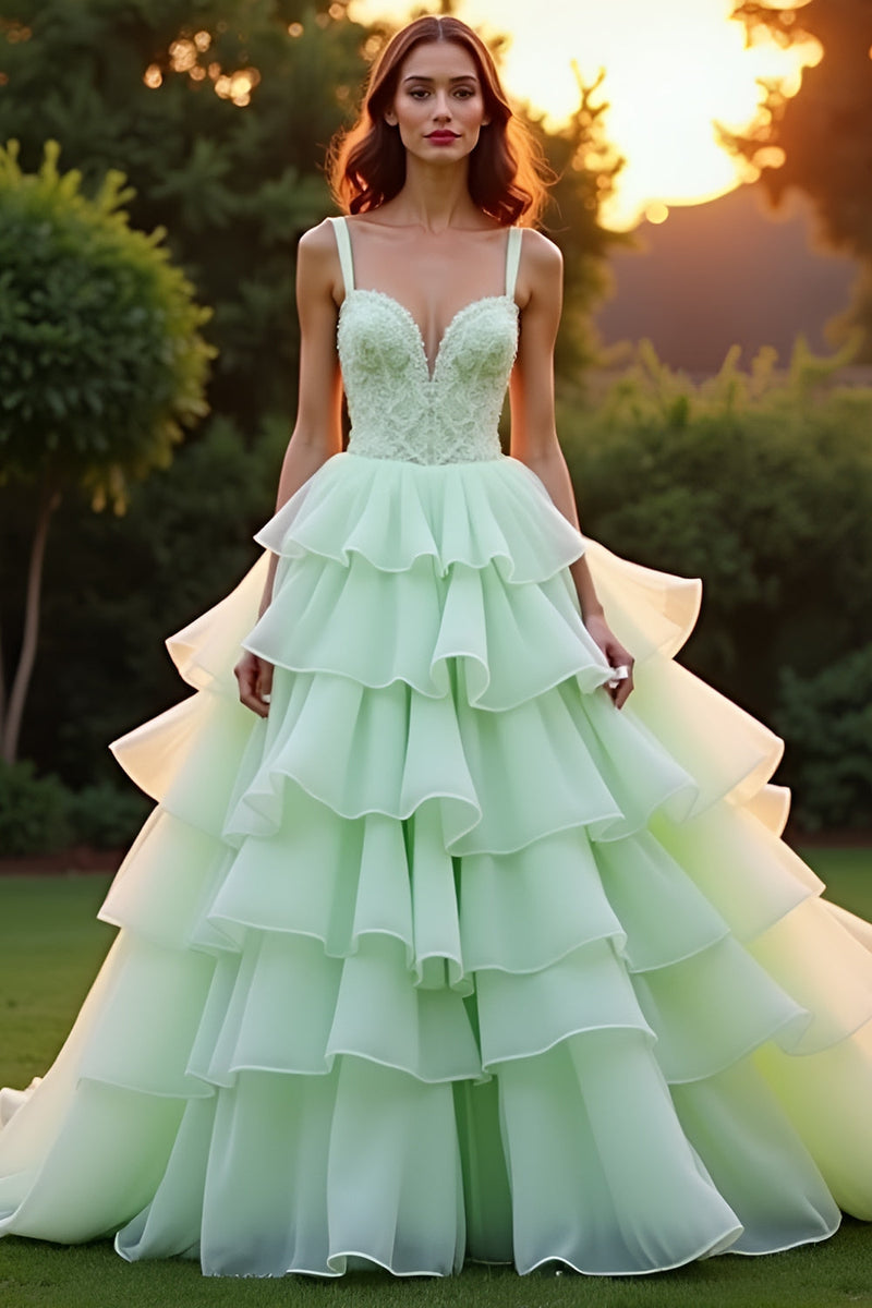 Load image into Gallery viewer, Green Ball Gown Tiered Long Prom Dress with Ruffles