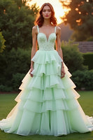 Load image into Gallery viewer, Green Ball Gown Tiered Long Prom Dress with Ruffles