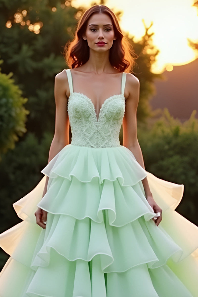 Load image into Gallery viewer, Green Ball Gown Tiered Long Prom Dress with Ruffles