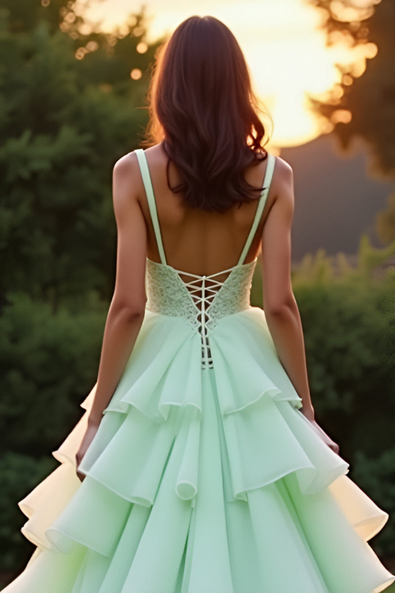 Load image into Gallery viewer, Green Ball Gown Tiered Long Prom Dress with Ruffles