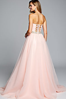 Light Pink A Line Strapless Long Prom Dress with Beading