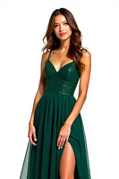 Load image into Gallery viewer, Dark Green Tulle Long Beaded Formal Dress with Slit