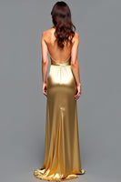 Load image into Gallery viewer, Halter Golden Metallic Long Prom Dress with Slit