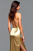 Load image into Gallery viewer, Halter Golden Metallic Long Prom Dress with Slit