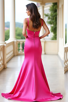 Square Neck Mermaid Fuchsia Long Satin Prom Dress with Slit