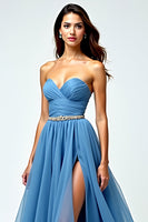 Load image into Gallery viewer, Grey Blue A Line Sweetheart Long Prom Dress with Slit