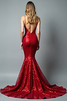 Load image into Gallery viewer, Sparkly Mermaid Sequins Deep V-Neck Red Long Prom Dress