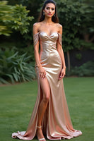 Load image into Gallery viewer, Glitter Champagne Mermaid Off the Shoulder Long Prom Dress with Slit