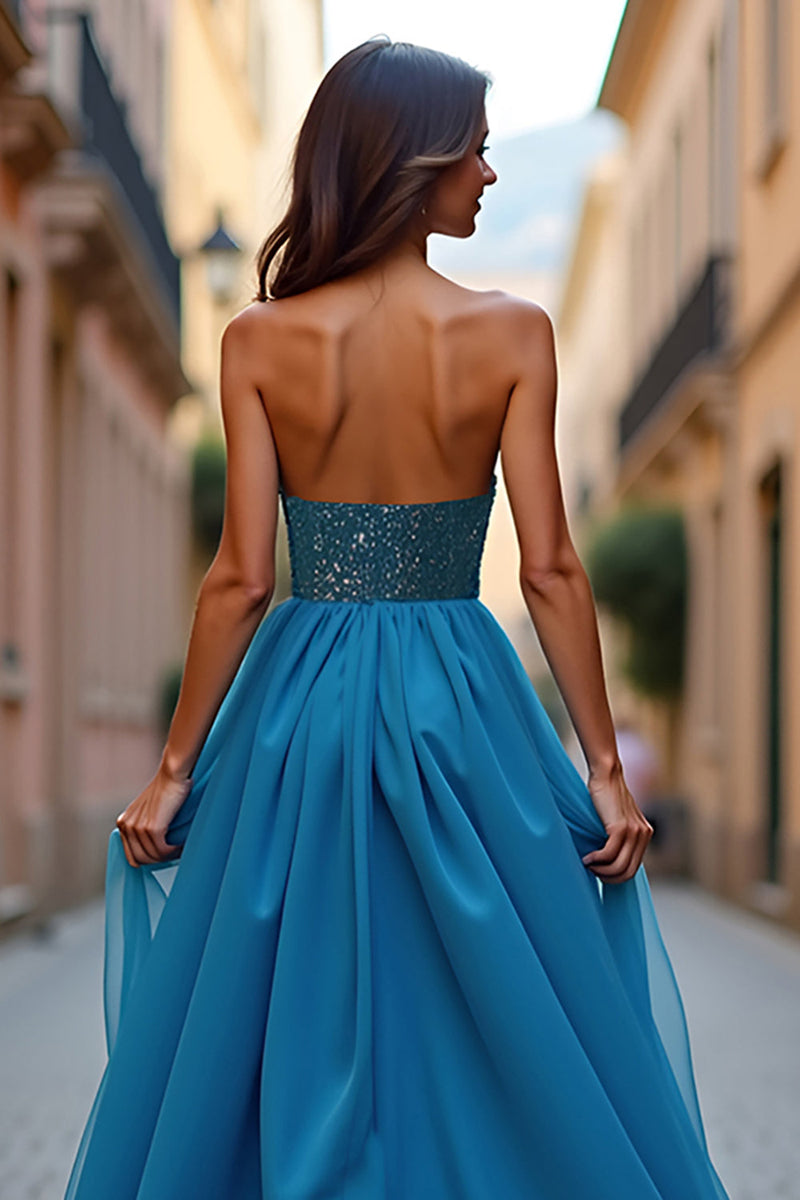 Load image into Gallery viewer, A Line Blue Beaded Strapless Long Prom Dress with Slit