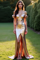 Load image into Gallery viewer, Rose Golden Off the Shoulder Mermaid Long Prom Dress with Slit