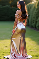 Load image into Gallery viewer, Rose Golden Off the Shoulder Mermaid Long Prom Dress with Slit