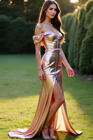 Load image into Gallery viewer, Rose Golden Off the Shoulder Mermaid Long Prom Dress with Slit
