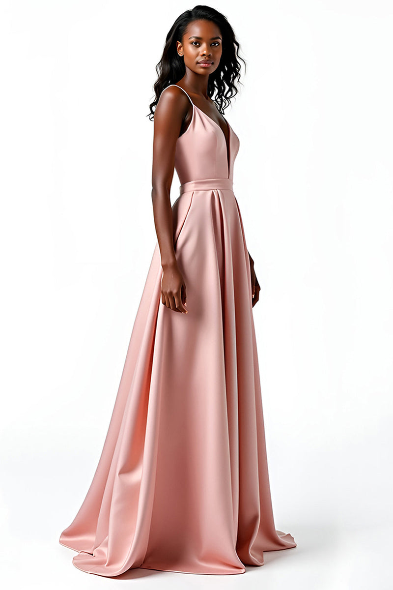 Load image into Gallery viewer, Blush A Line Spaghetti Straps Long Satin Wedding Guest Dress