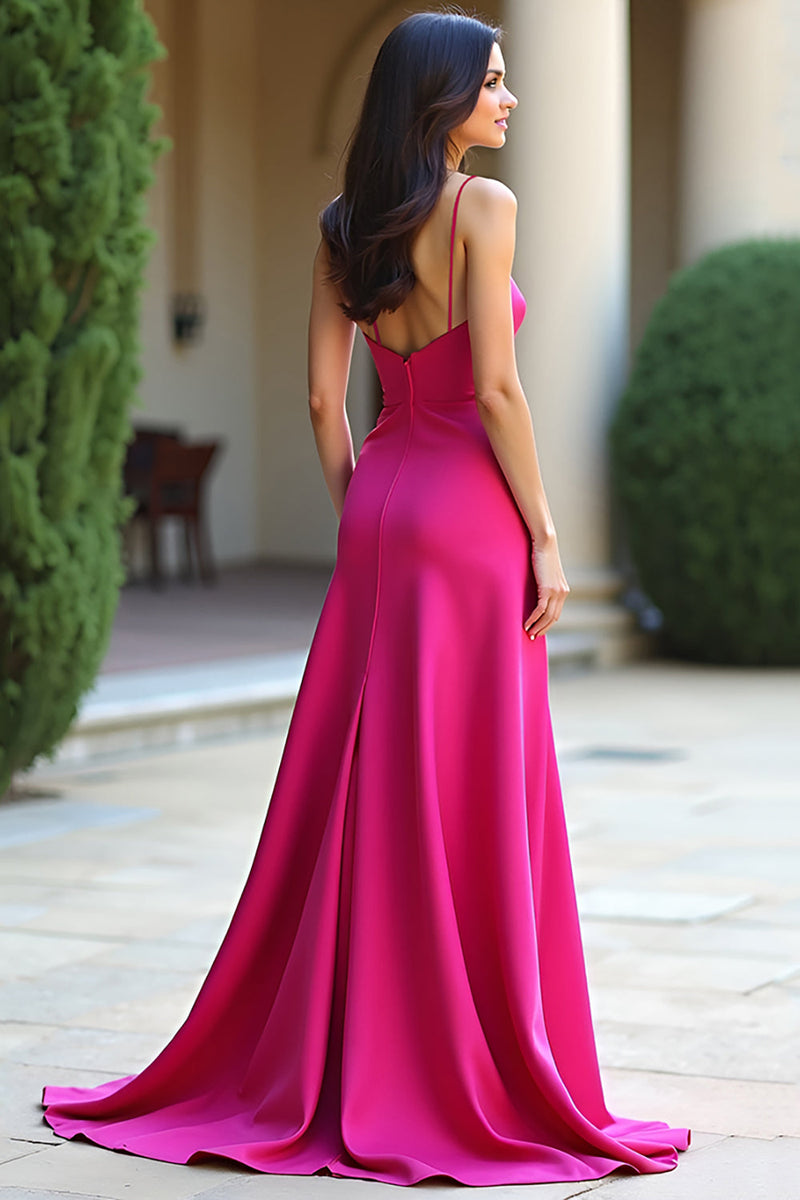 Elegant Column Square Sleeveless Rhinestone Satin Fuchsia Long Prom Dress main image 0