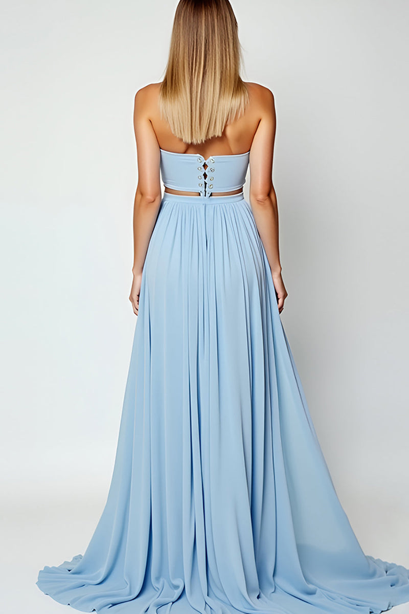 Load image into Gallery viewer, Strapless Blue Cut-Out Long Wedding Guest Dress with Slit