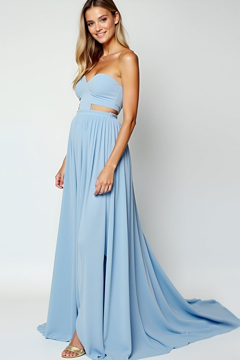 Load image into Gallery viewer, Strapless Blue Cut-Out Long Wedding Guest Dress with Slit