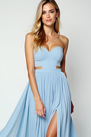 Load image into Gallery viewer, Strapless Blue Cut-Out Long Wedding Guest Dress with Slit