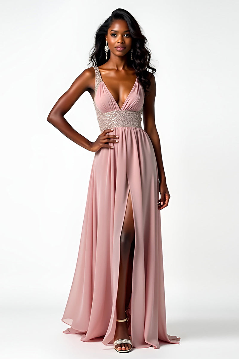 Load image into Gallery viewer, Blush A Line Long Chiffon Beaded Wedding Guest Dress with Slit