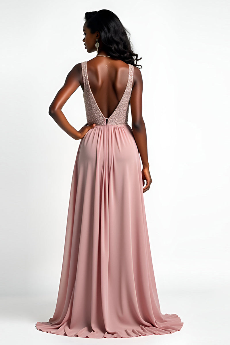 Load image into Gallery viewer, Blush A Line Long Chiffon Beaded Wedding Guest Dress with Slit
