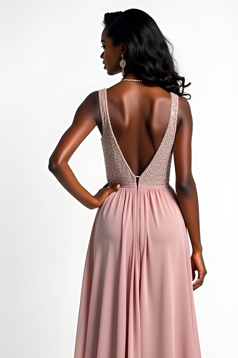 Load image into Gallery viewer, Blush A Line Long Chiffon Beaded Wedding Guest Dress with Slit