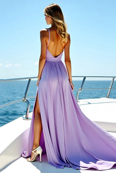 Pleated A Line Flowy Lilac Chiffon Long Bridesmaid Dress with Slit