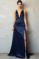 Load image into Gallery viewer, Navy Satin Deep V-Neck Long Formal Dress with Slit