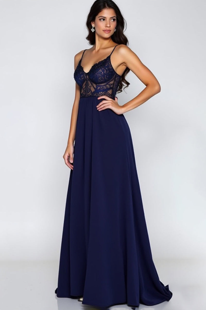 Load image into Gallery viewer, Lace Navy A Line Long Formal Dress with Slit