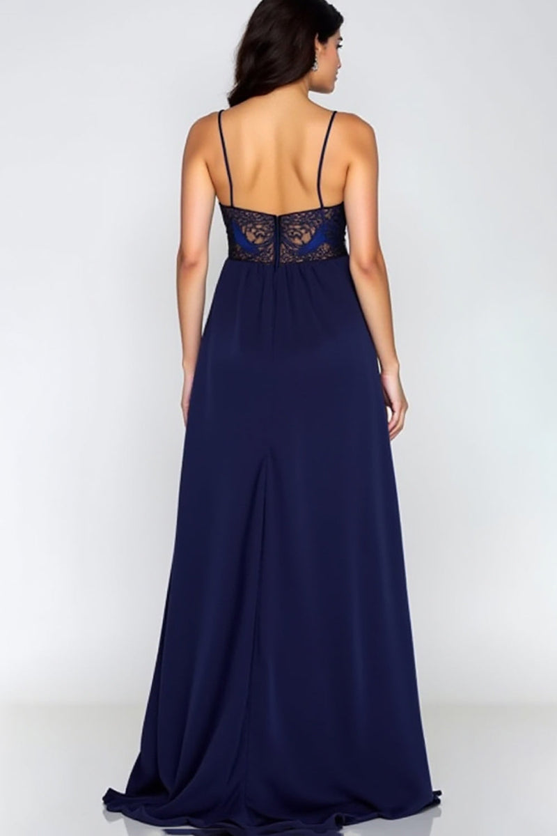 Load image into Gallery viewer, Lace Navy A Line Long Formal Dress with Slit