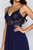 Load image into Gallery viewer, Lace Navy A Line Long Formal Dress with Slit