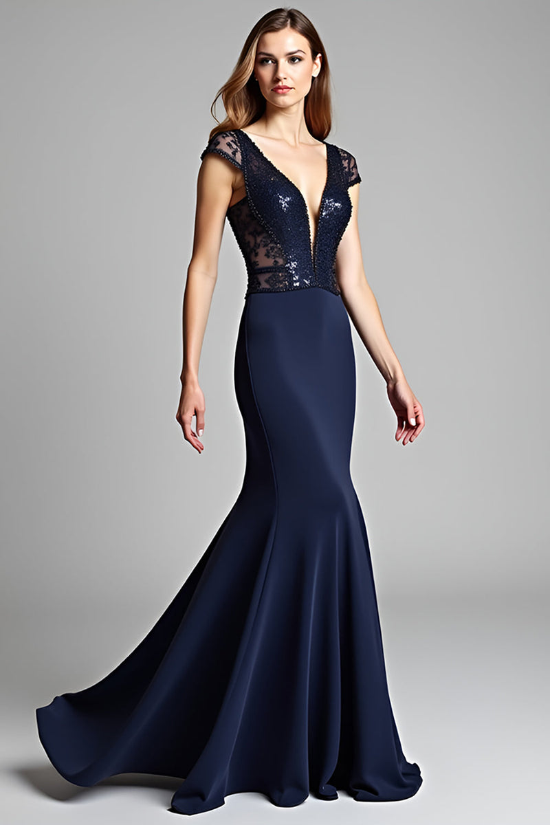 Load image into Gallery viewer, Satin Navy Deep V-Neck Long Formal Dress with Cap Sleeves
