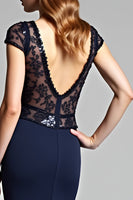 Load image into Gallery viewer, Satin Navy Deep V-Neck Long Formal Dress with Cap Sleeves