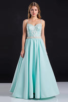 Load image into Gallery viewer, Mint A Line Satin Long Prom Dress with Appliques