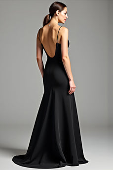 Black Spaghetti Straps Backless Long Satin Engagement Dress