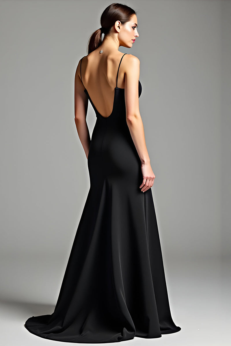 Load image into Gallery viewer, Black Spaghetti Straps Backless Long Satin Engagement Dress