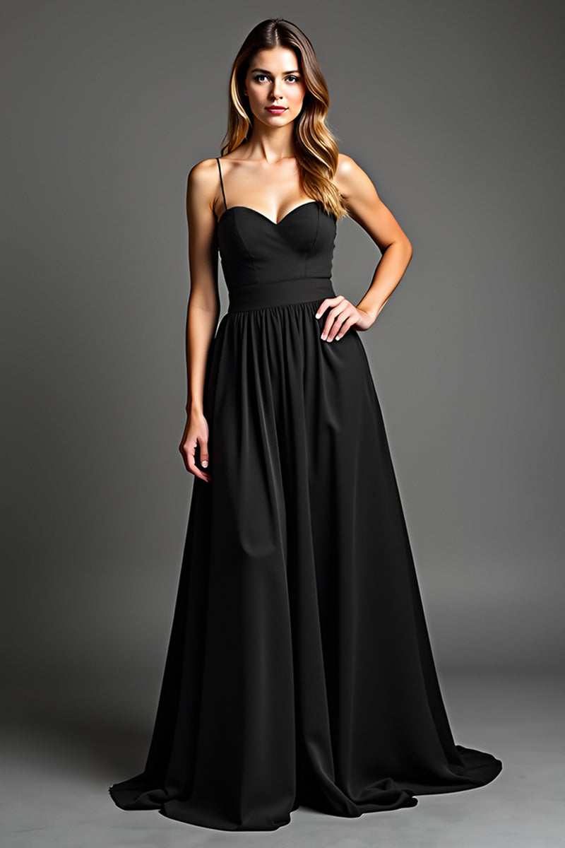 Load image into Gallery viewer, Elegant black ball gown A-Line silhouette with spaghetti straps and backless, satin full-length Black puffy gown