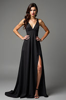 Load image into Gallery viewer, Black A Line V-Neck Long Satin Engagement Dress