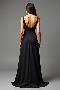 Black A Line V-Neck Long Satin Engagement Dress
