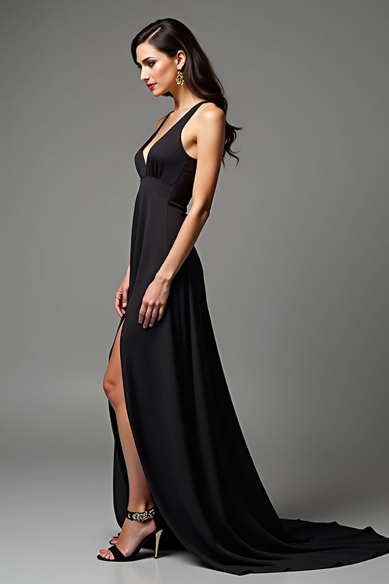 Load image into Gallery viewer, Black A Line V-Neck Long Satin Engagement Dress