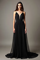 Load image into Gallery viewer, Black Pleated Deep V-Neck Long Tulle Graduation Dress