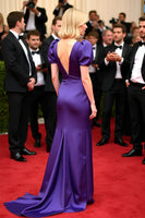 Load image into Gallery viewer, Purple Deep V-Neck Puff Sleeves Sheath Long Gala Dress