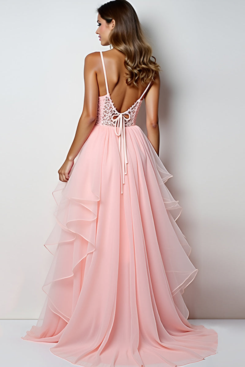 Load image into Gallery viewer, Blush Pink Tulle Tiered Appliques Long Prom Dress with Slit