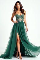 Load image into Gallery viewer, Dark Green Beaded Strapless Tulle Long Prom Dress with Slit
