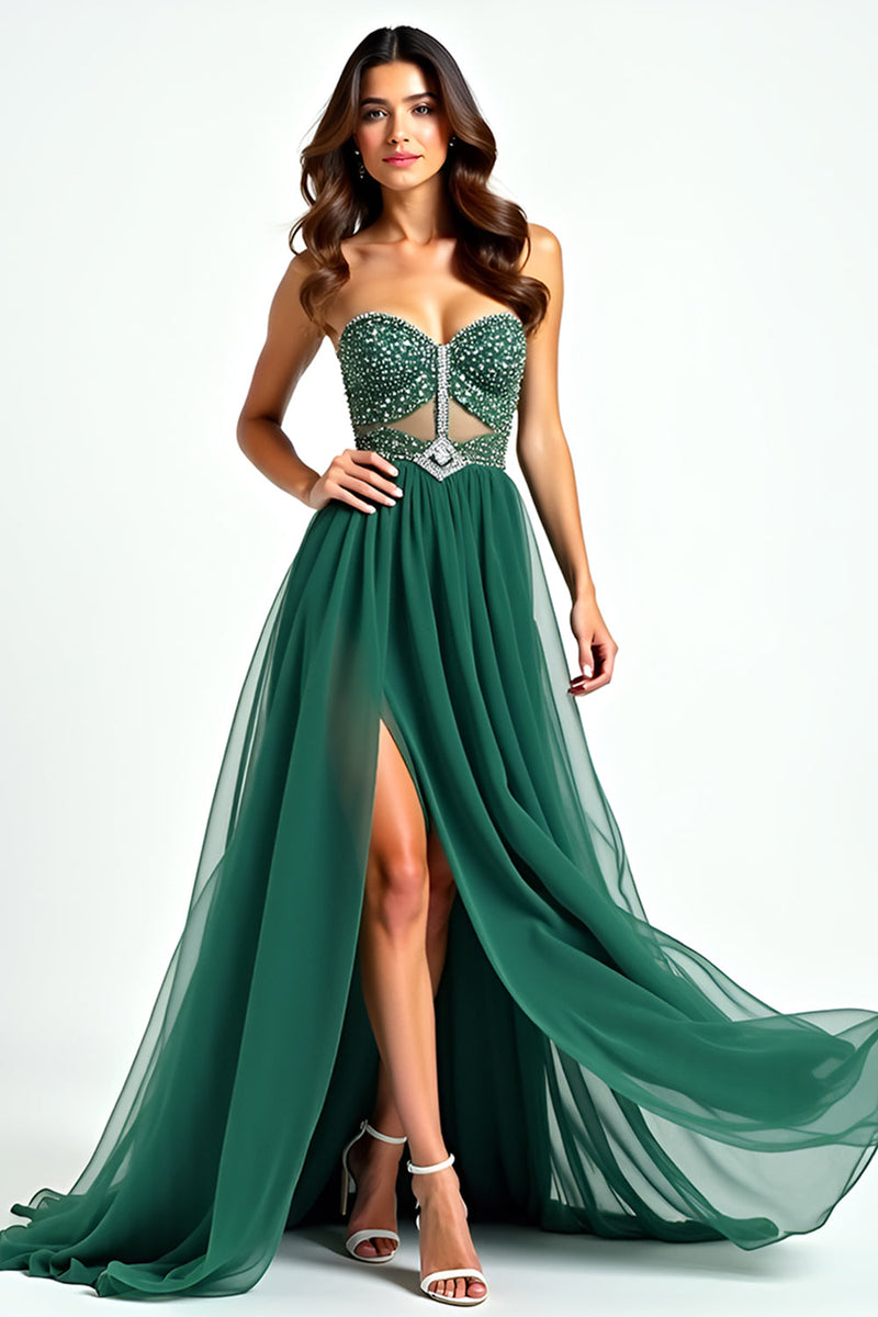 Load image into Gallery viewer, Dark Green Beaded Strapless Tulle Long Prom Dress with Slit