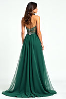 Load image into Gallery viewer, Dark Green Beaded Strapless Tulle Long Prom Dress with Slit