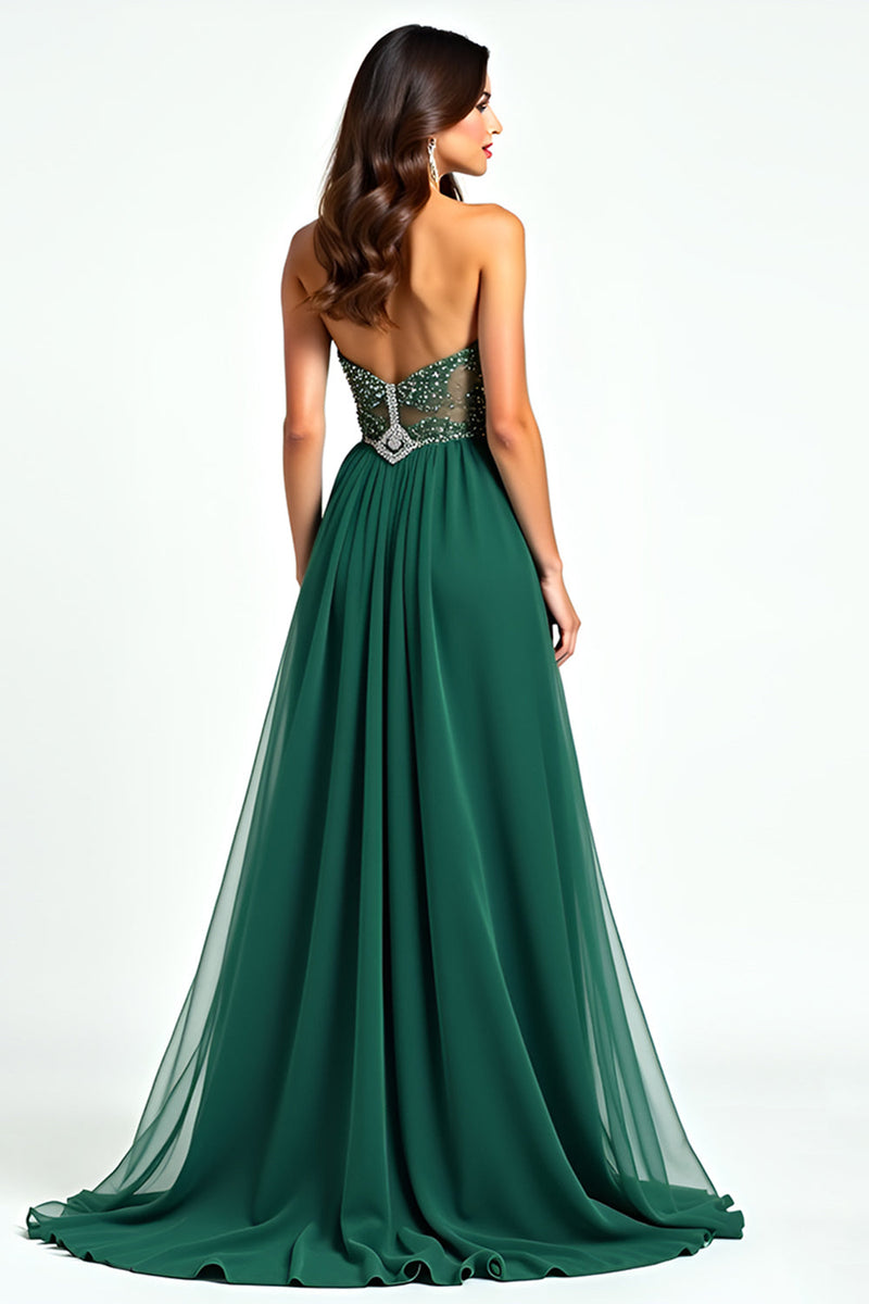 Load image into Gallery viewer, Dark Green Beaded Strapless Tulle Long Prom Dress with Slit