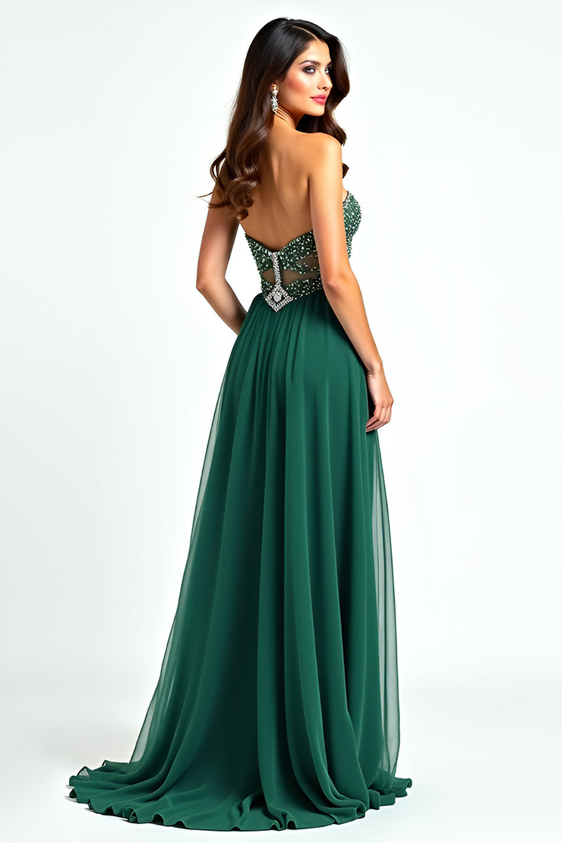 Load image into Gallery viewer, Dark Green Beaded Strapless Tulle Long Prom Dress with Slit