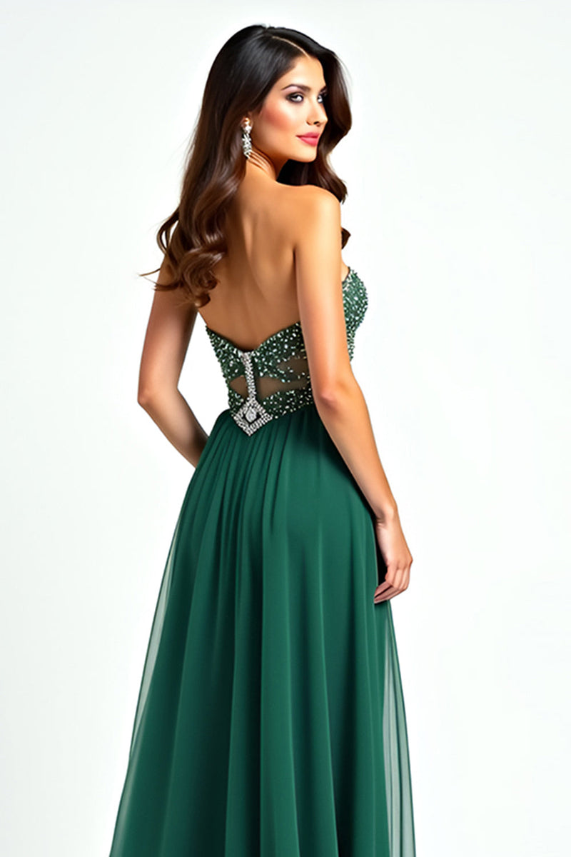 Load image into Gallery viewer, Dark Green Beaded Strapless Tulle Long Prom Dress with Slit