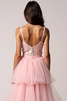 Load image into Gallery viewer, Blush Pink Tulle Beaded Long Asymmetrical Prom Dress with Slit